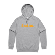 Load image into Gallery viewer, Grey Marle Fleece Hoodie perfect for a cool winter morning with classic mustard colour embroidered Claude and Me logo. Drawstring hood and kangaroo pockets.